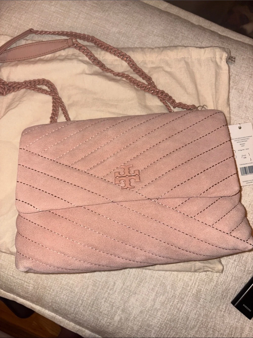 Tory Burch Blush Quilted Suede Chain Crossbody